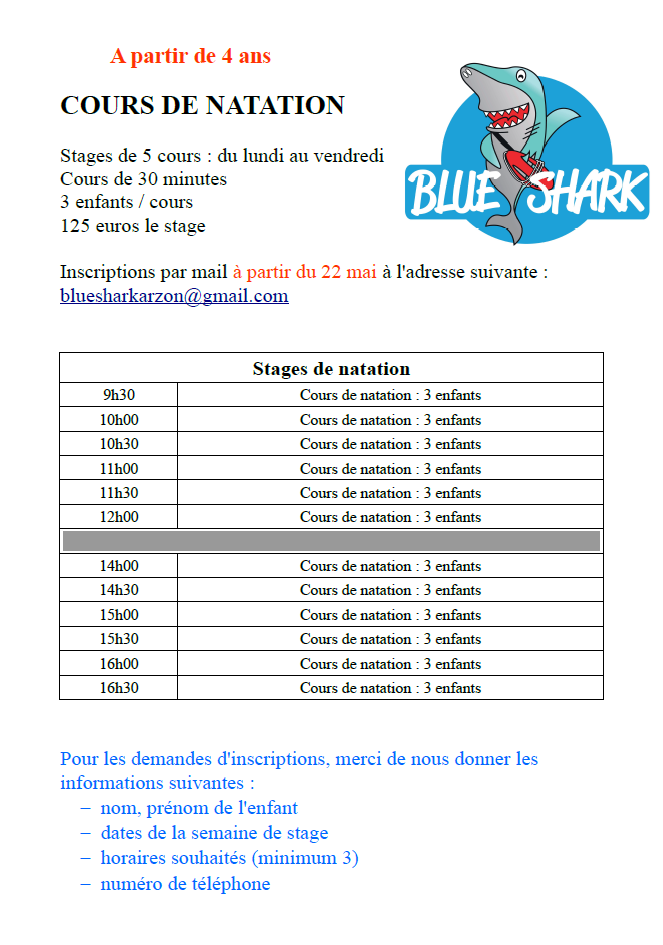Planning natation Arzon - été 2026